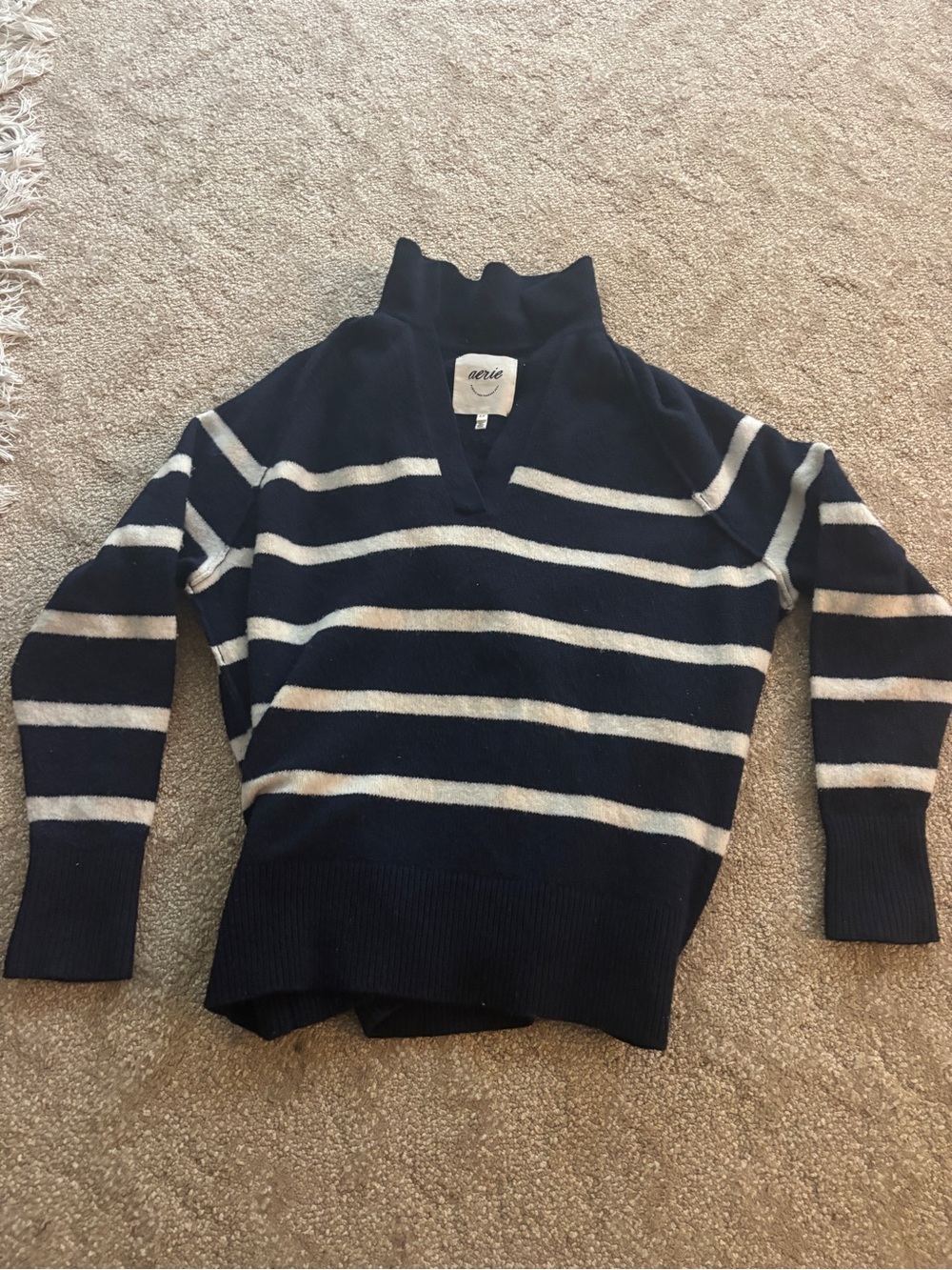 aerie Navy and Cream Striped V-Neck Pullover